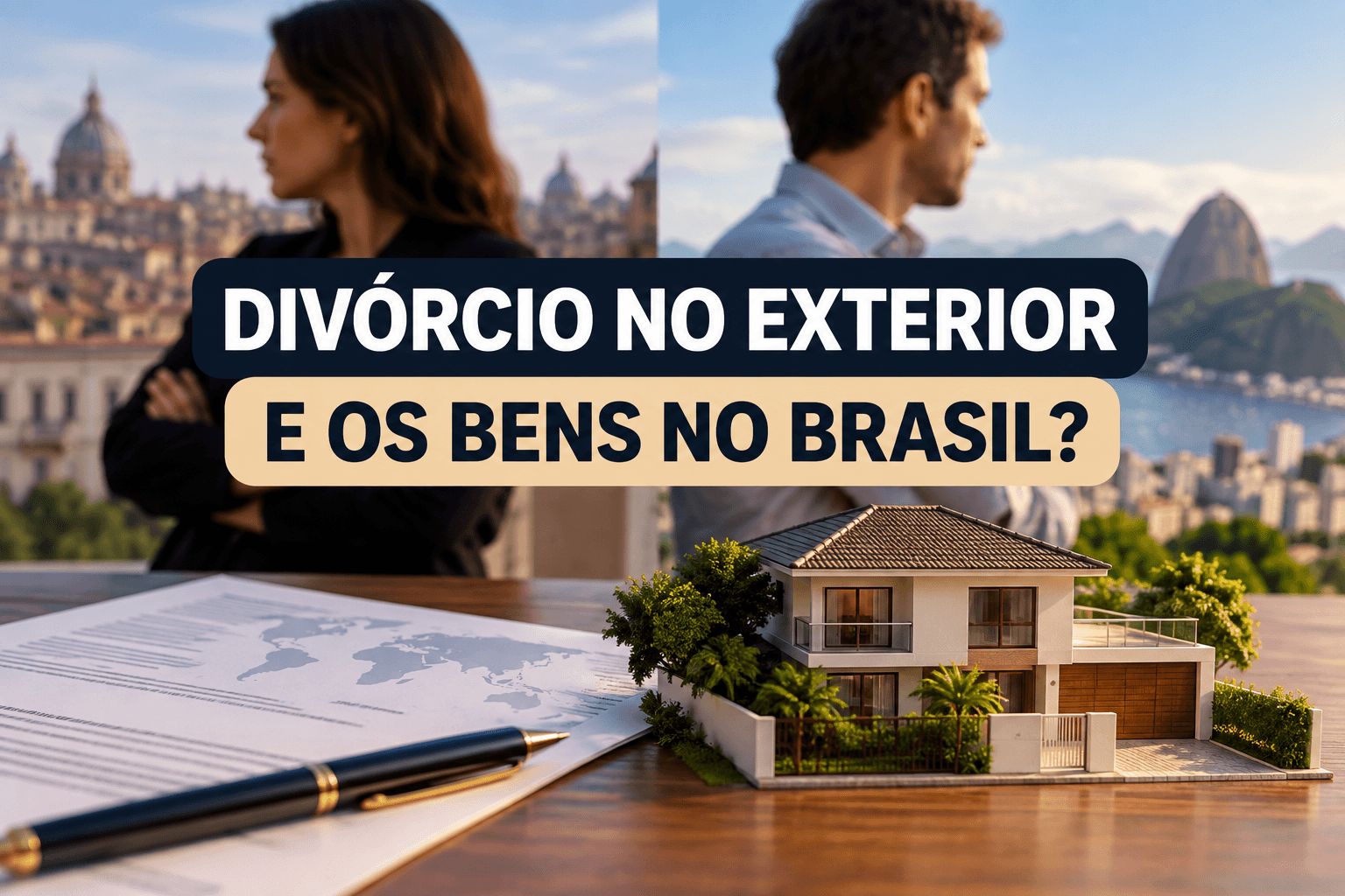 Casal divorciado com imóvel no Brasil, representando a partilha de bens brasileiros após divórcio realizado no exterior.