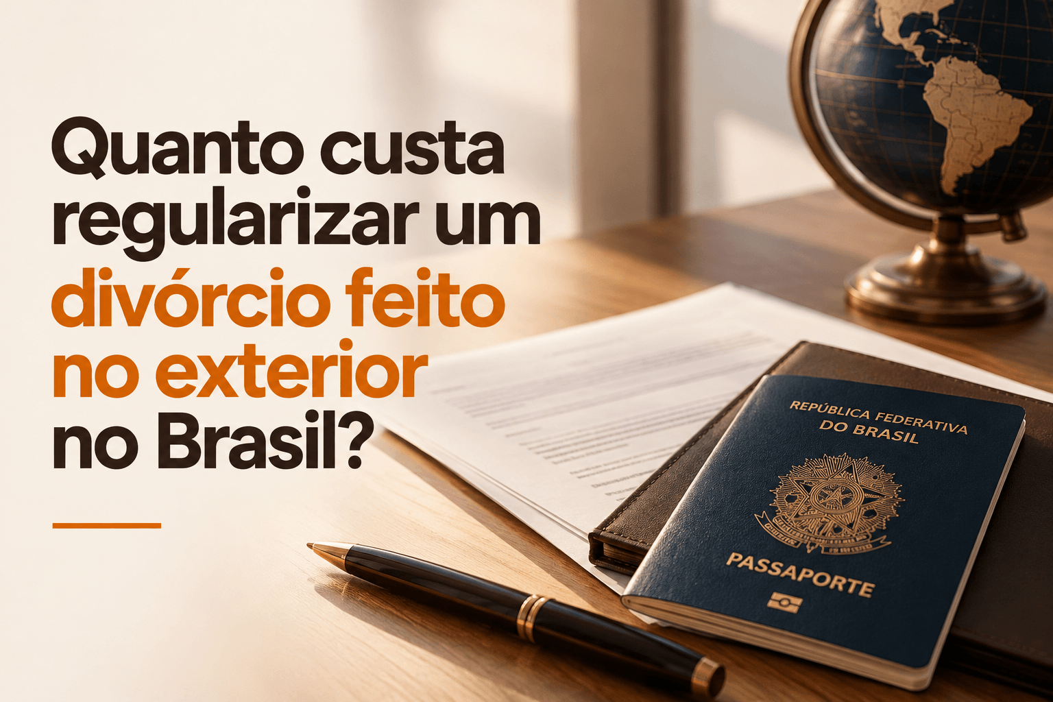 Capa do artigo “Quanto custa regularizar um divórcio feito no exterior no Brasil?”, com passaporte brasileiro, documentos e globo sobre uma mesa.