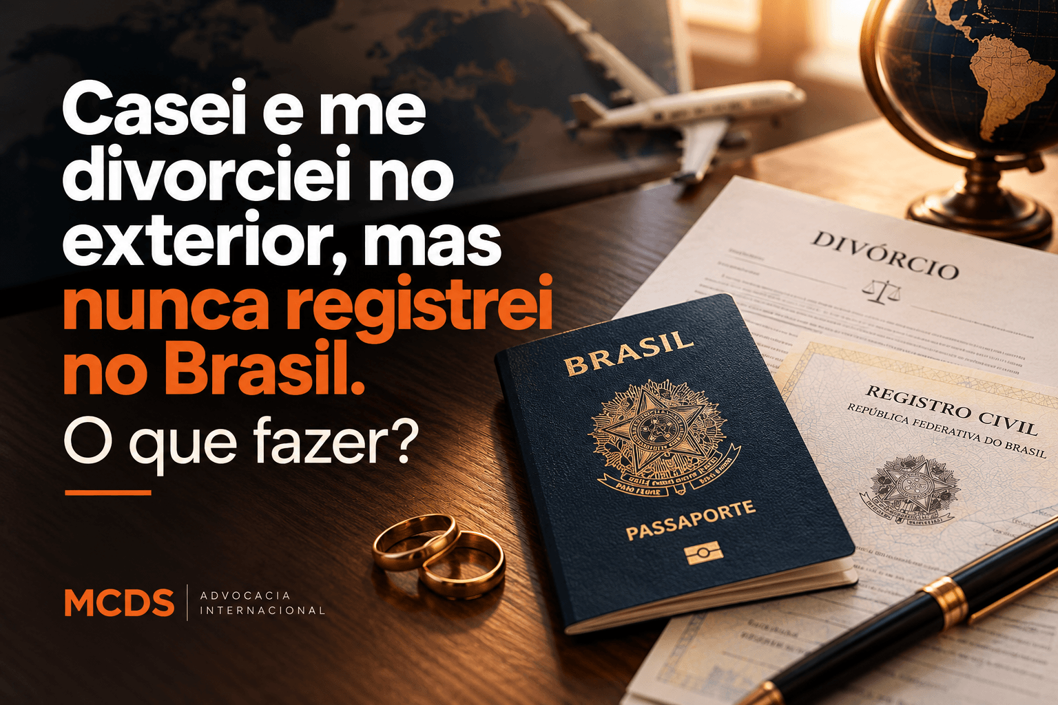 Passaporte brasileiro, alianças e documentos de casamento e divórcio sobre uma mesa, ilustrando a regularização de casamento e divórcio realizados no exterior e não registrados no Brasil.