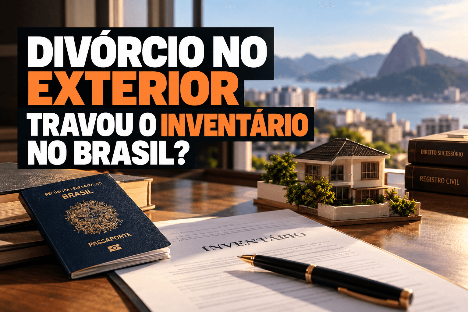 Divórcio no exterior travando inventário no Brasil com documentos, passaporte e imóvel.