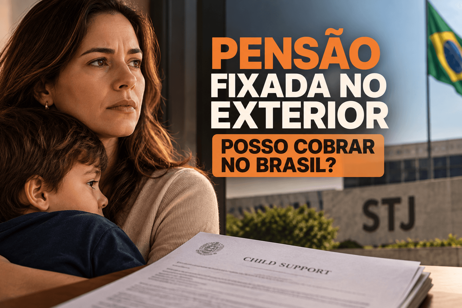 Mãe com filho e decisão estrangeira de pensão alimentícia, representando a cobrança de alimentos fixados no exterior no Brasil.